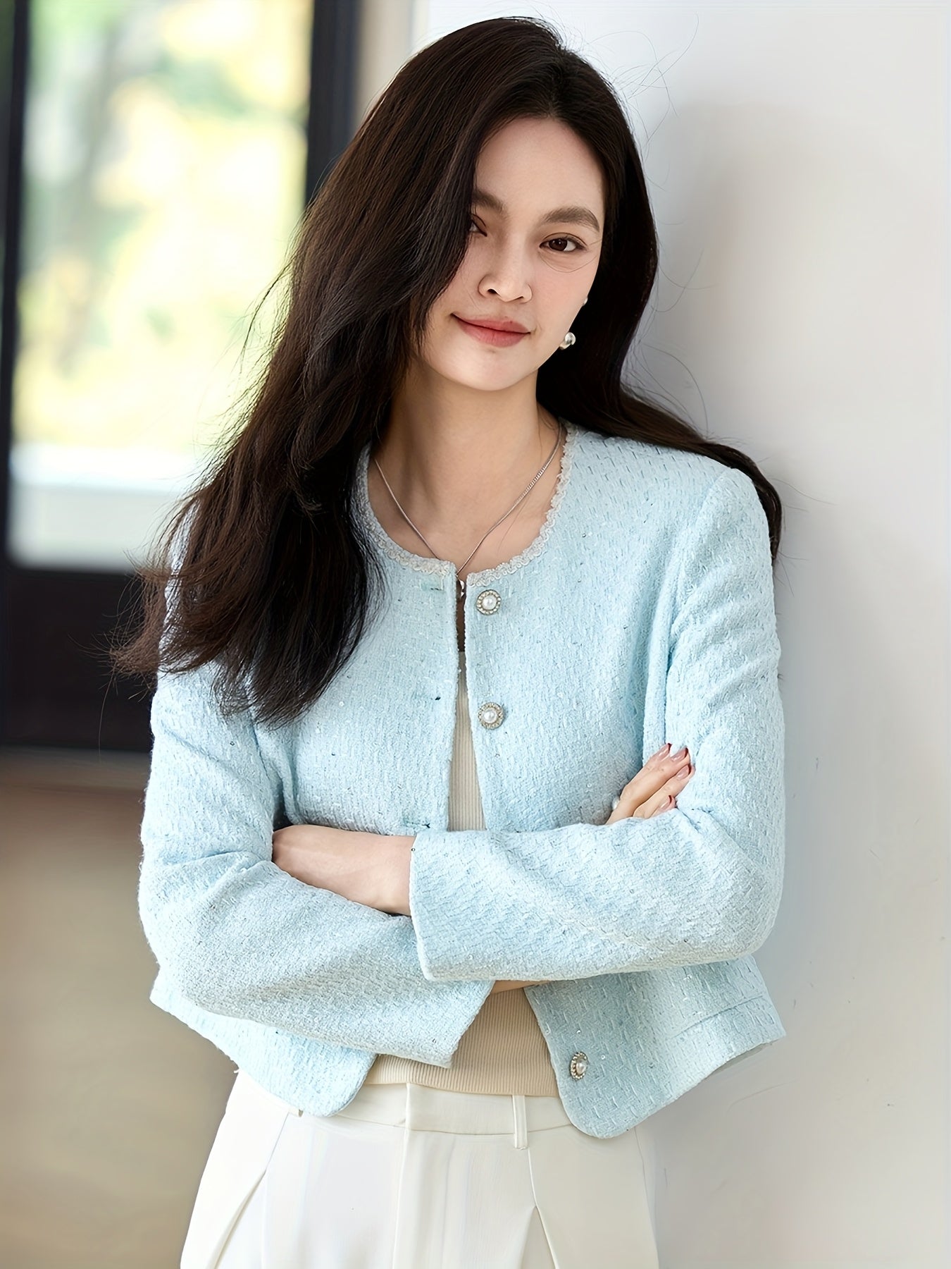 Women'S Elegant Light Blue Blazer with Golden Buttons - Versatile Long Sleeve Short Jacket for Spring & Fall, Polyester Fabric, Stylish Button-Up Design, Perfect for Office or Casual Attire, Office Blazer | Stylish Blazer | Polyester Blazer