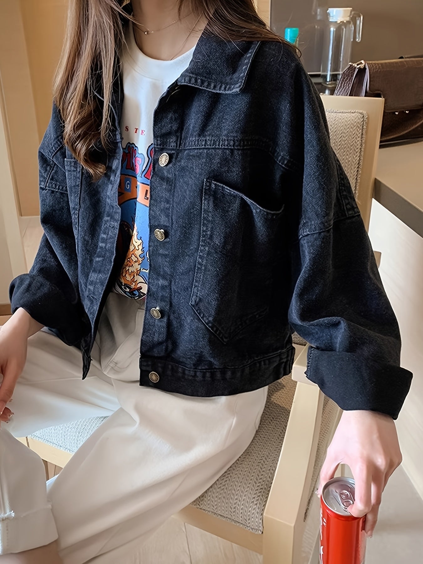 Women'S Black Denim Jacket with Cute Bear Applique - Casual Long Sleeve, Non-Stretch Fabric, Spring\u002FSummer Fashion, Casual Outerwear | Playful Design | Decorative Details