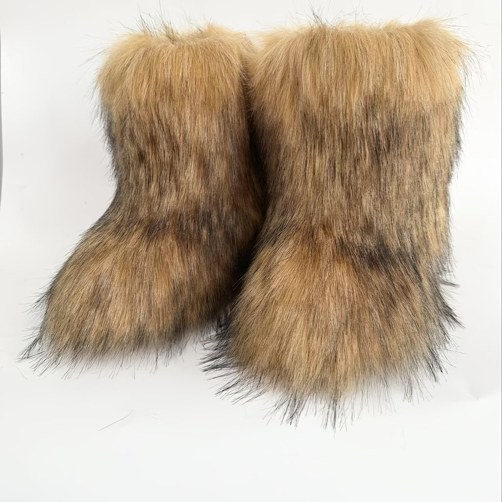 Women's Winter Warm Faux Fox Fur Snow Boots - Slip-On High-Top Flat Heel Round Toe Mid-Calf Boots with Plush Lining & Rubber Sole, Cozy Cold Weather Footwear for Casual Outings (Black\u002FGrey\u002FBeige), Winter Boots, Midcalf Height