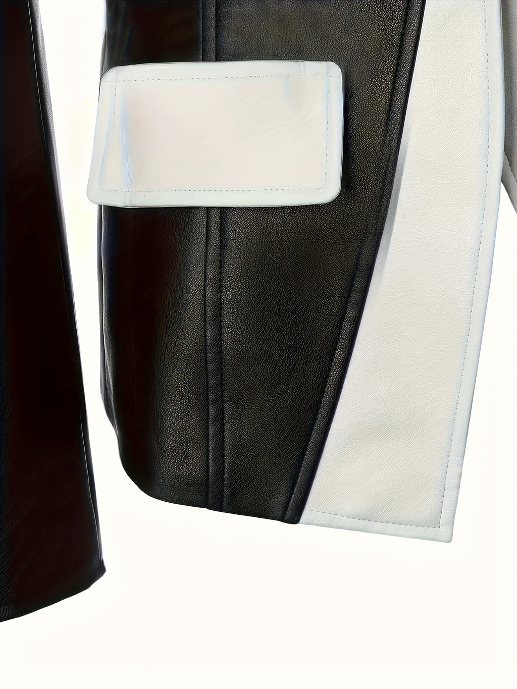 PUPU Women's Elegant Black & White Contrast PU Leather Jacket - Machine Washable Notch Lapel Biker Jacket with Fake Pockets, All-Season Versatile Outerwear, Stylish Layering, Modern Fashion, Polished Look, Trendconscious Buyers