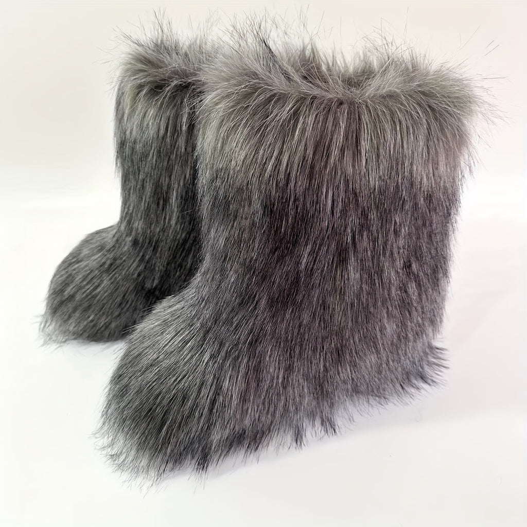 Women's Winter Warm Faux Fox Fur Snow Boots - Slip-On High-Top Flat Heel Round Toe Mid-Calf Boots with Plush Lining & Rubber Sole, Cozy Cold Weather Footwear for Casual Outings (Black\u002FGrey\u002FBeige), Winter Boots, Midcalf Height